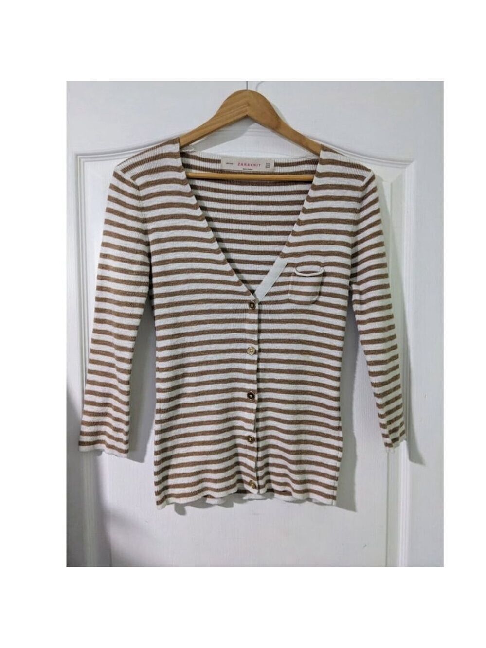 Zara | Tan stripe gold button cardigan